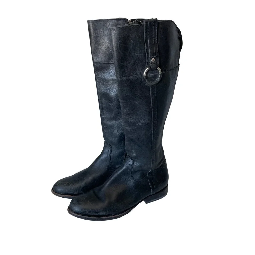 Frye Jamie Ring Tall Distressed Black Leather Riding Boots Size Women's 9